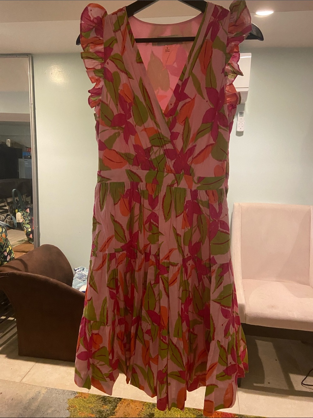 Taylor Pink Floral Wrap Mini Dress with Green Leaf Print